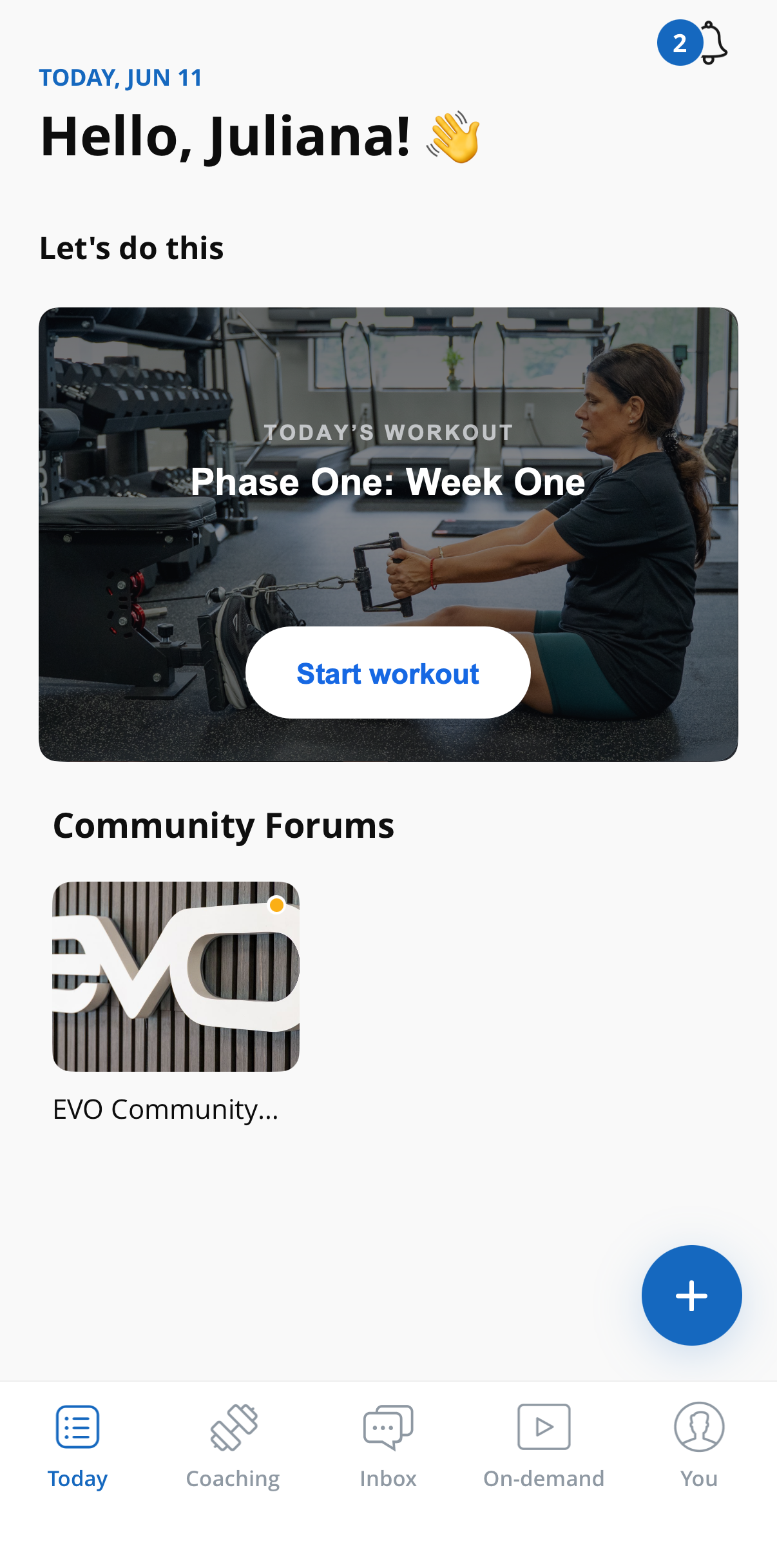 The Start Strong home screen in the EVO Health App